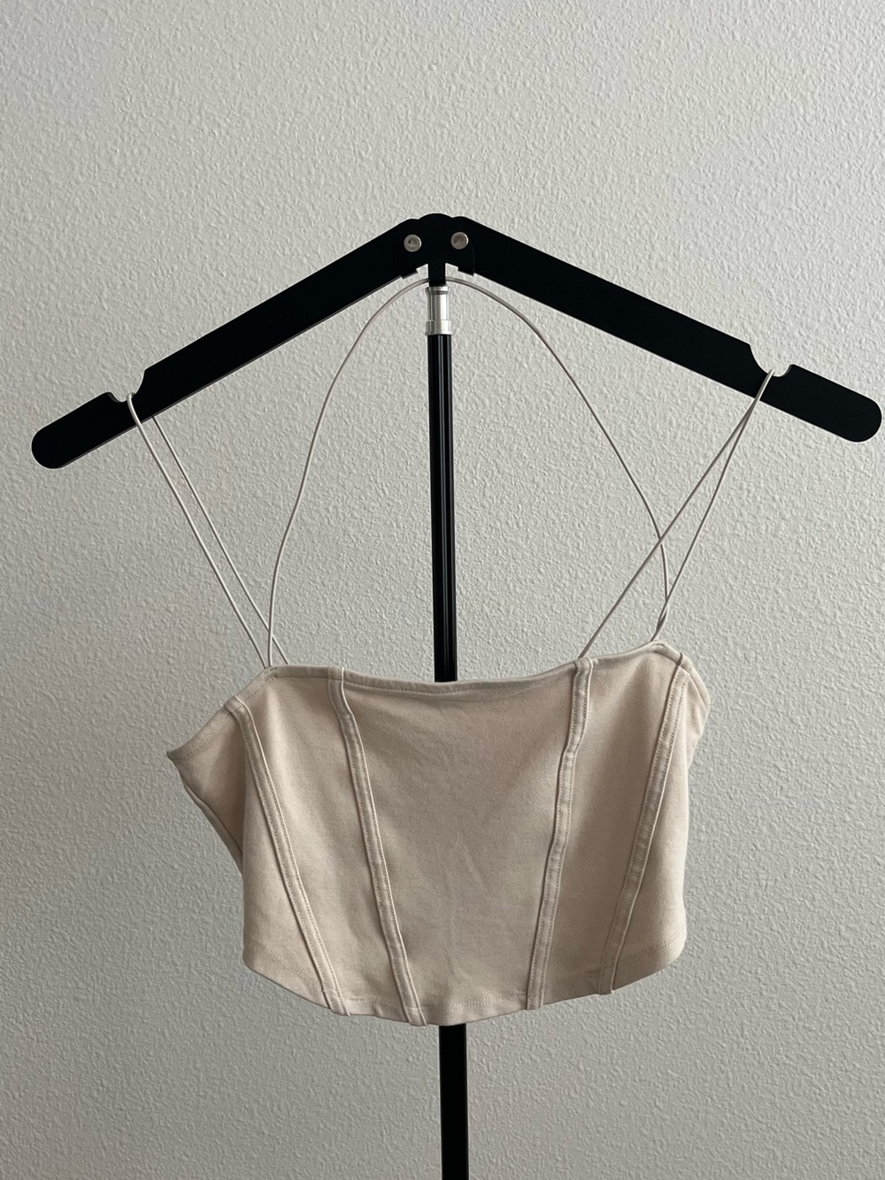 Beige Seam-Detail Spaghetti Strap Crop Top